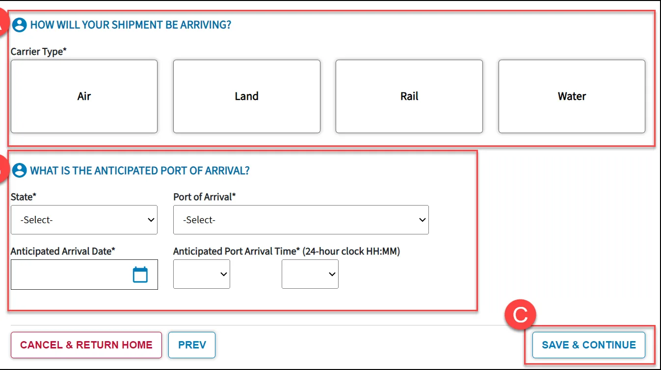 How To Create FDA Prior Notice Annotated FDA PNSI arrival screen showing carrier mode, first U.S. port, arrival date and time, and Save and Continue