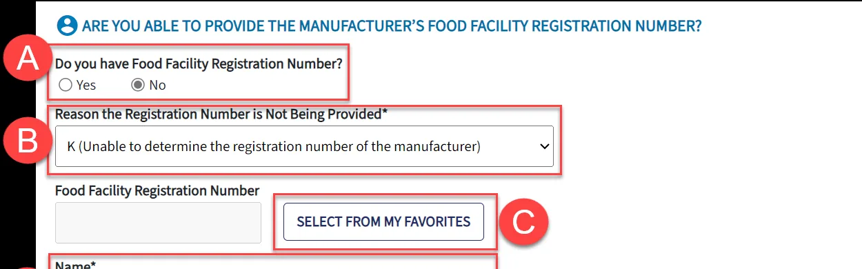 How To Create FDA Prior Notice Annotated FDA PNSI manufacturer screen asking for a Food Facility Registration number or a reason it is not provided