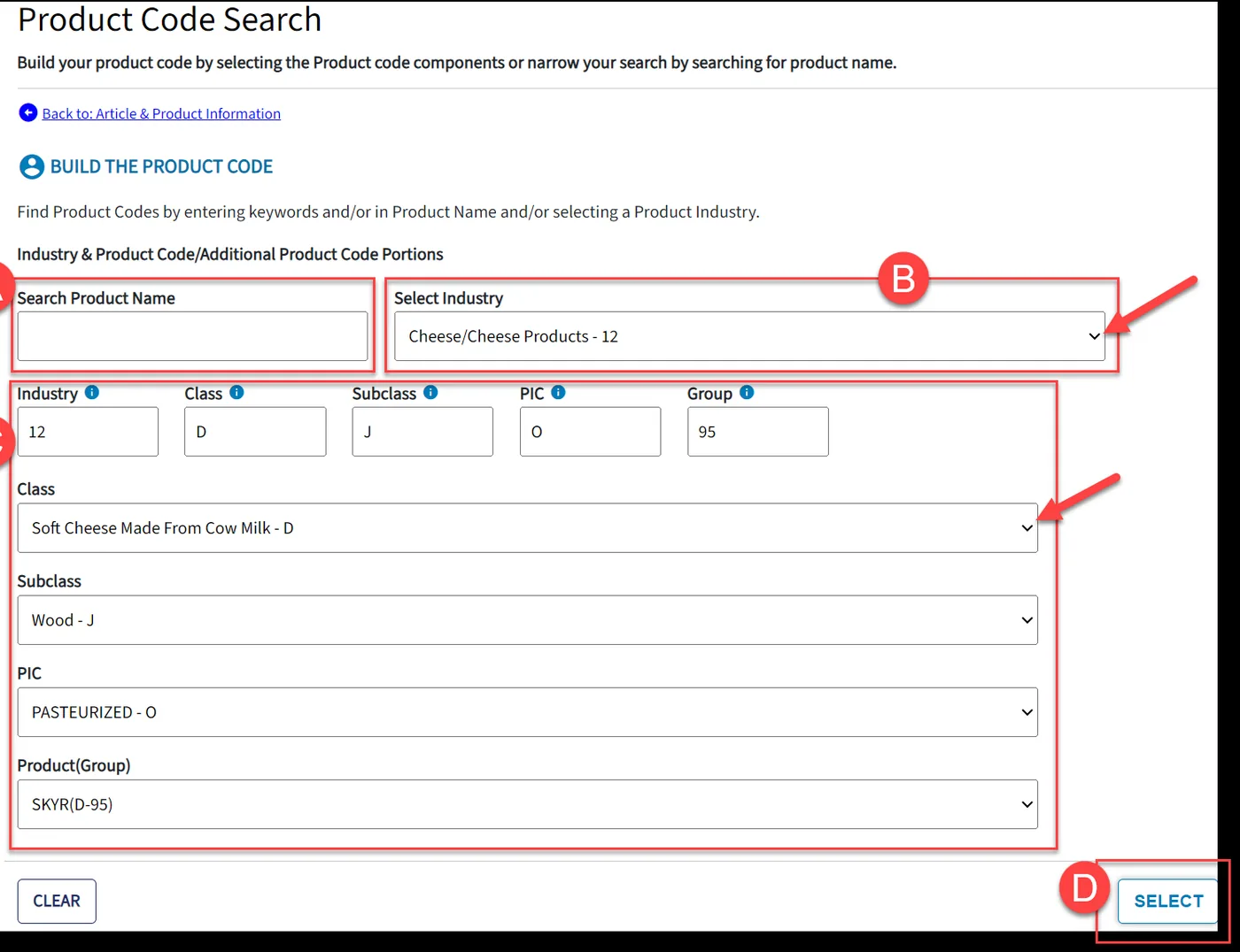 How To Create FDA Prior Notice Annotated FDA PNSI Product Code Search screen with product name, industry, class, subclass, process indicator, product group, and Select controls
