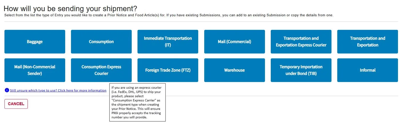 How To Create FDA Prior Notice FDA PNSI screen displaying the available shipment and entry type choices