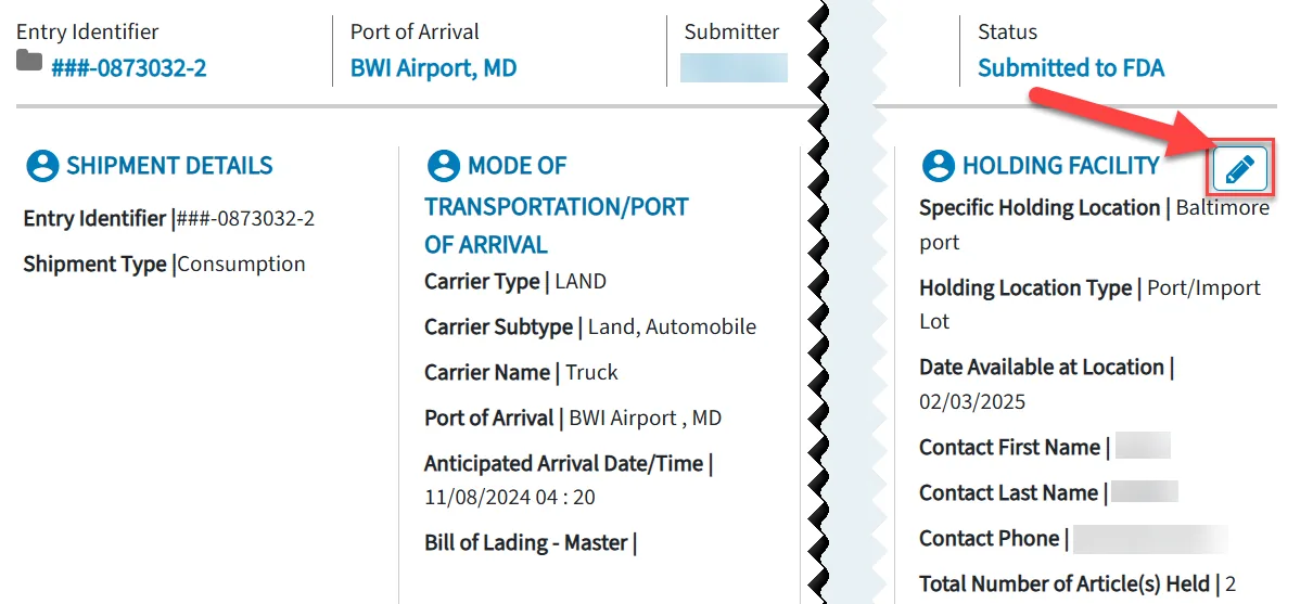 How To Create FDA Prior Notice FDA PNSI submission overview with personal details redacted and the status Submitted to FDA highlighted